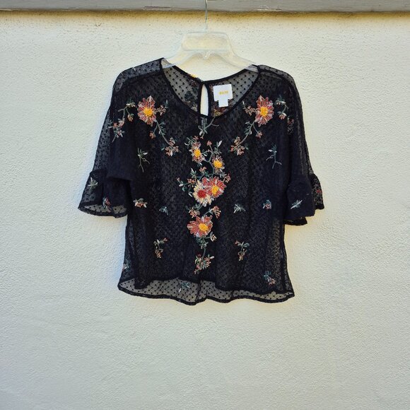 Anthro Maeve Floral Embroidered Black Mesh Sheer Blouse Top Romantic Whimsigoth - Picture 1 of 16